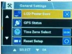 General Settings LCD Power Save GPS Status Time Zone Select 90.06 Reset Setup SELECT OK