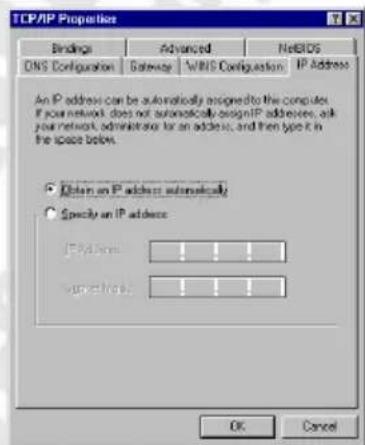 TCP/IP Properties Bindings Advanced NetBIOS DNS Configuration Satellite WNTS Configuration IP Address An IP address can be automatically assigned to the computer. If your network does not automatically assign IP addresses, ask your network administrator for an address, and then type it in the space below. ● Obtain an IP address automatically ○ Specify an IP address: [ ] [ ] [ ] up select [ ] [ ] [ ] OK Cancel