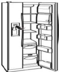 Line drawing of an open refrigerator with shelves and doors (no text or symbols)