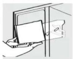 Simple line drawing of a hand holding a card or folder, no text or symbols present