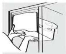Line drawing of a person opening a door with a bag attached (no text or symbols)