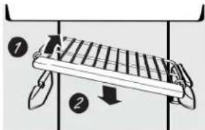 Diagram showing a mechanical device with labeled parts and directional arrows indicating motion or force