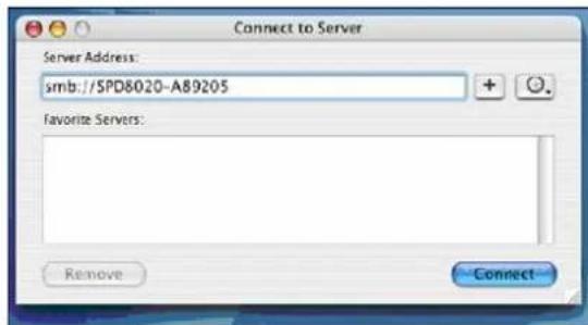 Connect to Server Server Address: smb://SPD8020-A89205 Favorite Servers: Remove Connect