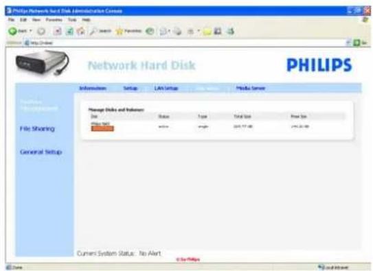 Philips Network Hard Disk Administration Camera File Edit View Favorites Help Help Network Hard Disk PHILIPS Information Setup Tools Setup Media Server Manage Blocks and Settings Size Status Type Total Size Power Size Philips Soft width length 209.77 KB 1.45 GB/MB Current System Status: No Alert © 2018
