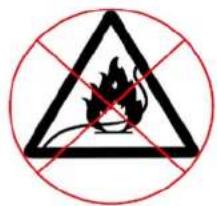 Warning sign with flame symbol inside triangle and red crosshair, indicating hazardous hazard zone