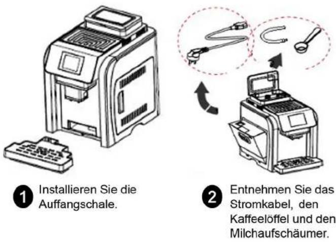 1 Installieren Sie die Auffangschale. 2 Entnehmen Sie das Stromkabel, den Kaffeelöffel und den Milchaufschäumer.