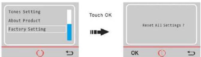 Tones Setting About Product Factory Setting Touch OK Reset All Settings ? OK