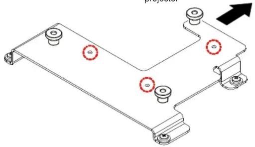 Technical line drawing of a mechanical bracket with mounting holes and red circular features (no text or symbols)