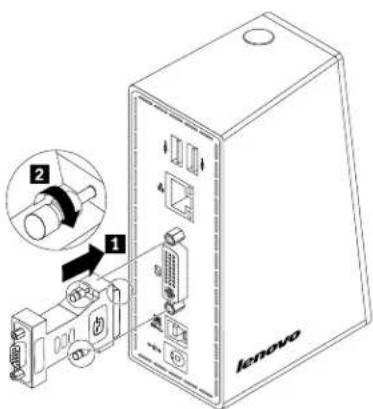 Technical diagram of a Lenovo desktop computer with labeled ports and an inset showing a cylindrical component inserted into the case.