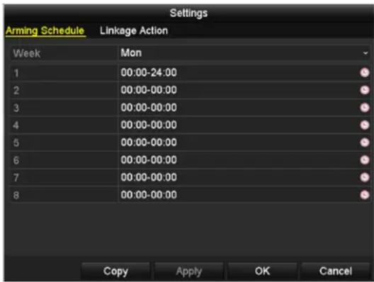 Settings Arming Schedule Linkage Action Week Mon 1 00:00-24:00 2 00:00-00:00 3 00:00-00:00 4 00:00-00:00 5 00:00-00:00 6 00:00-00:00 7 00:00-00:00 8 00:00-00:00 Copy Apply OK Cancel