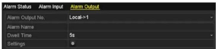 Alarm Status Alarm Input Alarm Output Alarm Output No. Local->1 Alarm Name Dwell Time 5s Settings ●