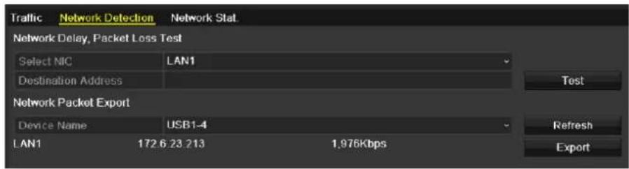 Traffic Network Detection Network Stat Network Delay, Packet Loss Test Select NIC LAN1 Destination Address Test Network Packet Export Device Name USB1-4 LAN1 172.6 23.213 1.976Kbps Refresh Export