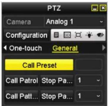 PTZ Camera Analog 1 Configuration One-touch General Call Preset Call Patrol Stop Pa... 1 Call Patt... Stop Pa... 1