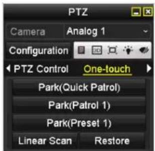 PTZ Camera Analog 1 Configuration PTZ Control One-touch Park(Quick Patrol) Park(Patrol 1) Park(Preset 1) Linear Scan Restore
