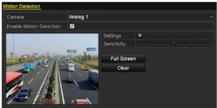 Motion Detection Camera Analog 1 Enable Motion Detection Settings Sensitivity Full Screen Clear