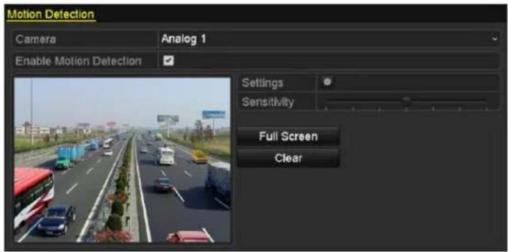 Motion Detection Camera Analog 1 Enable Motion Detection Settings Sensitivity Full Screen Clear