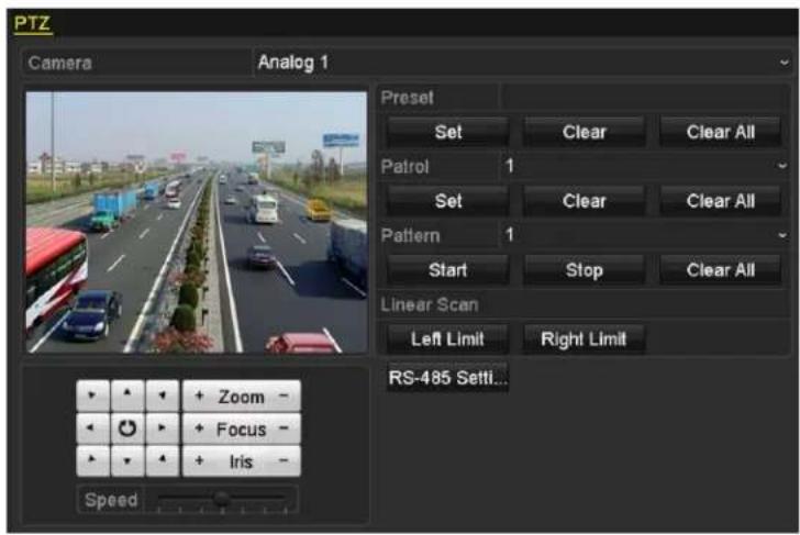 PTZ Camera Analog 1 Preset Set Clear Clear All Patrol 1 Set Clear Clear All Pattern 1 Start Stop Clear All Linear Scan Left Limit Right Limit RS-485 Setti... Zoom - Focus - Iris - Speed