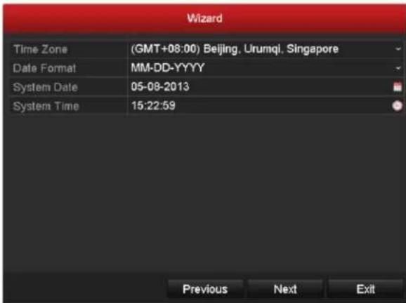 Wizard Time Zone (GMT+08:00) Beijing, Urumqi, Singapore Date Format MM-DD-YYYY System Date 05-08-2013 System Time 15:22:59 Previous Next Exit
