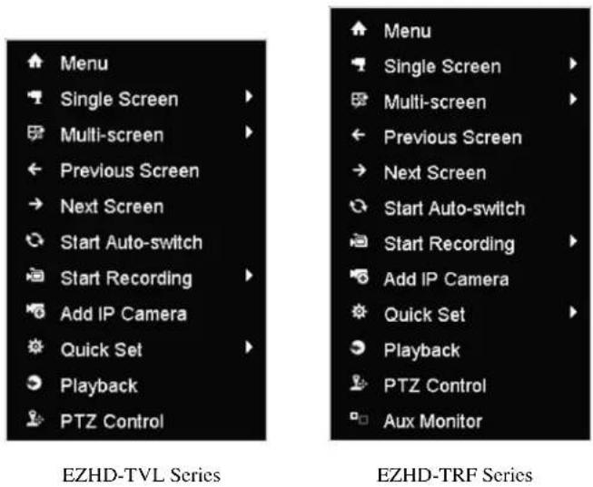 Menu Single Screen Multi-screen Previous Screen Next Screen Start Auto-switch Start Recording Add IP Camera Quick Set Playback PTZ Control EZHD-TVL Series Menu Single Screen Multi-screen Previous Screen Next Screen Start Auto-switch Start Recording Add IP Camera Quick Set Playback PTZ Control Aux Monitor EZHD-TRF Series