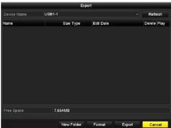 Export Device Name USB1-1 Name Size Type Edit Date Delete Play Free Space 7.664MB New Folder Format Export Cancel