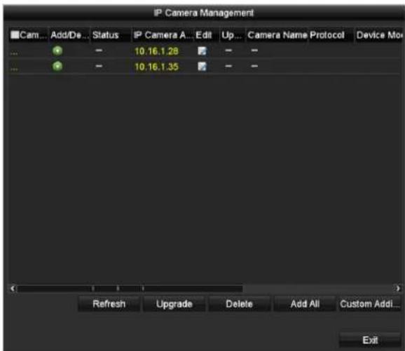 IP Camera Management Cam... Add/De... Status IP Camera A... Edit Up... Camera Name Protocol Device More 10.16.1.28 10.16.1.35 Refresh Upgrade Delete Add All Custom Add... Exit