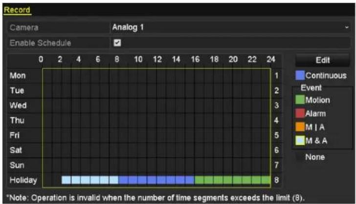 Record Camera Analog 1 Enable Schedule 0 2 4 6 8 10 12 14 16 18 20 22 24 Mon Tue Wed Thu Fri Sat Sun Holiday Edit Continuous Event Motion Alarm M | A M & A None *Note: Operation is invalid when the number of time segments exceeds the limit (8).