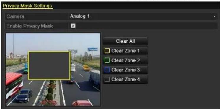 Privacy Mask Settings Camera Analog 1 Enable Privacy Mask Clear All Clear Zone 1 Clear Zone 2 Clear Zone 3 Clear Zone 4