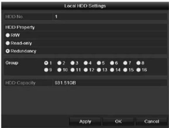 Local HDD Settings HDD No 1 HDD Property ● R/W ● Read-only ● Redundancy Group ● 1 ● 2 ● 3 ● 4 ● 5 ● 6 ● 7 ● 8 ● 9 ● 10 ● 11 ● 12 ● 13 ● 14 ● 15 ● 16 HDD Capacity 931.51GB Apply OK Cancel