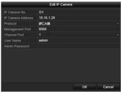 Edit IP Camera IP Camera No. D1 IP Camera Address 10.16.1.28 Protocol IPC:AM Management Port 8000 Channel Port 1 User Name adults Admin Password OK Cancel