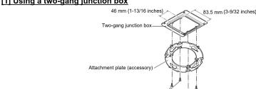 (1) Using a the gang junction box 46 mm (1-13/16 inches) 83.5 mm (3-9/32 inches) Two-gang junction box Attachment plate (accessory)