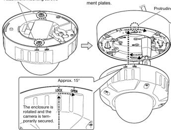 ment plates. Pruruding Approx. 15° The enclosure is rotated and the camera is temporarily secured.
