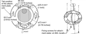 Tab position of the attach- ment plate (x4) 46 mm (1-19/16 inches) e25.4 mm³ (1 inch) 83.5 mm³ (3-9/32 inches) ø73 mm³ (2-7/8 inches) FIXING SCREWS FOR ATTACH- ment plate: x4 (M4, locally)