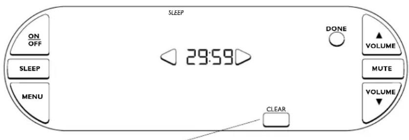 SLEEP ON OFF SLEEP MENU 29:59 DONE VOLUME MUTE VOLUME CLEAR