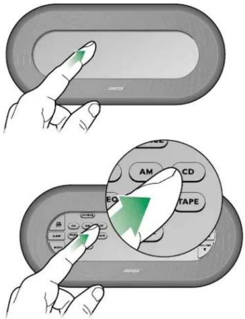 Illustration showing a hand interacting with an AR/CC device, highlighting the screen with 'AM CD TAPE' and green arrows indicating action.