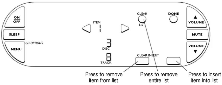 ON OFF SLEEP MENU CD OPTIONS ITEM 3 DISC 8 TRACK CLEAR LIST DONE VOLUME MUTE VOLUME CLEAR INSERT Press to remove item from list Press to remove entire list Press to insert item into list