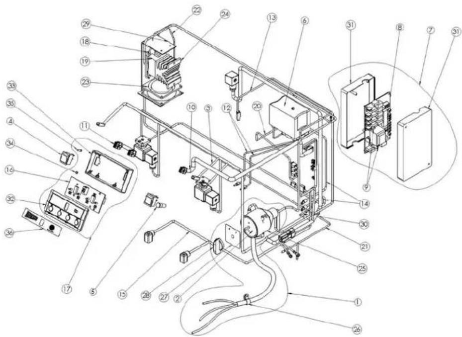 Exploded view diagram of an appliance assembly with numbered components for identification
