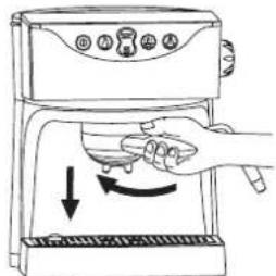 Diagram showing a hand pressing down on a kitchen appliance with directional arrows indicating process flow.