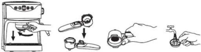 Illustration showing a kitchen setup with hand tool, cleaning steps, and cleaning device