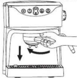 Diagram showing a hand using a microwave oven to press or install a tray, with directional arrows indicating process flow.