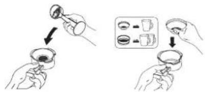 Illustration showing a hand pouring liquid into a cup, with a magnified inset showing the same cup's color and volume.
