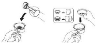 Illustration showing a hand pouring liquid into a cup, with a magnified inset showing the same cup's color and volume.