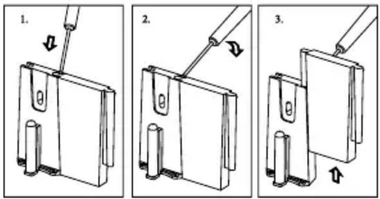 Diagram illustrating three steps of a mechanical device with labeled components and directional arrows indicating movement.