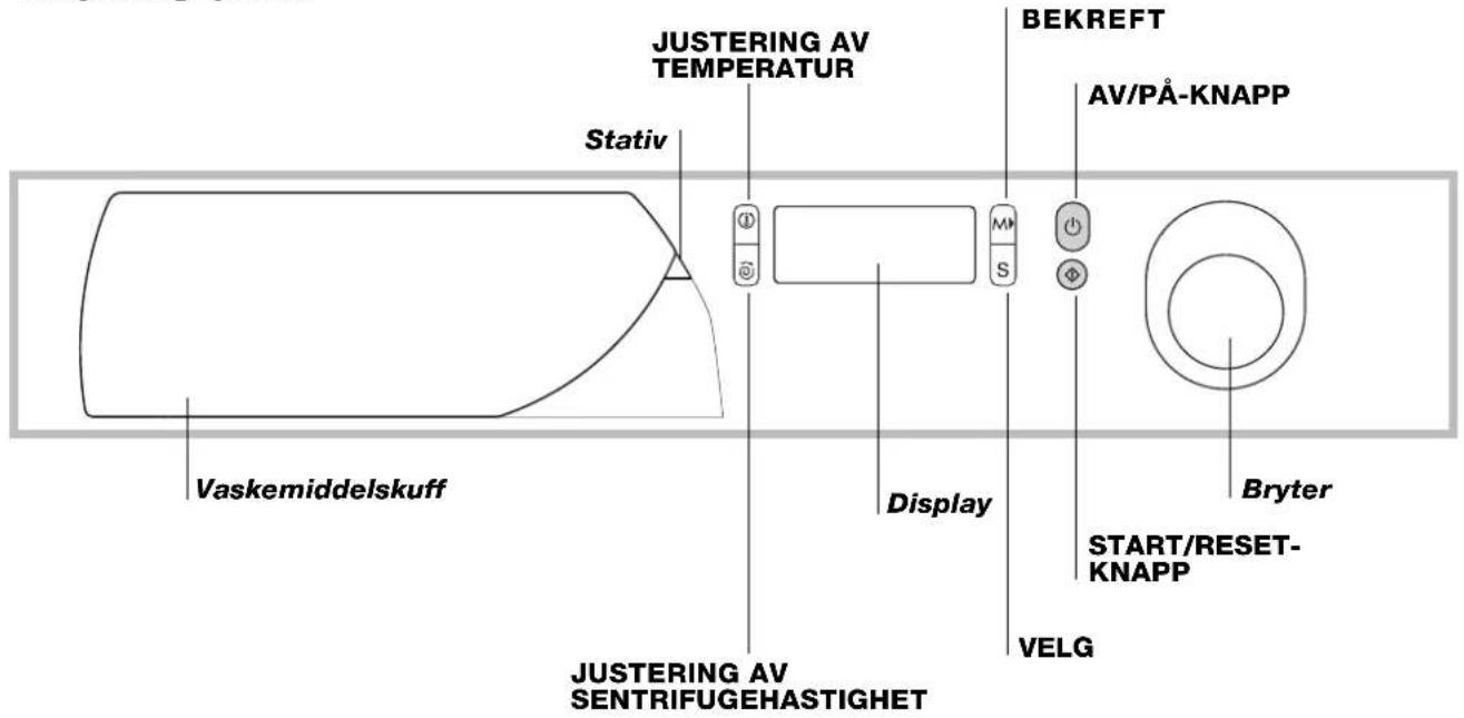 JUSTERING AV TEMPERATUR Stativ Vaskemiddelskuff BEKREFT AV/PÅ-KNAPP Display Bryter START/RESET-KNAPP VELG JUSTERING AV SENTRIFUGEHASTIGHET