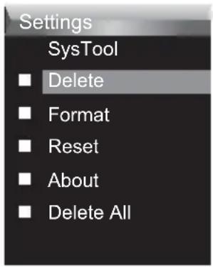 Settings SysTool Delete Format Reset About Delete All