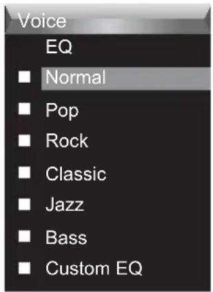 Voice EQ ■ Normal ■ Pop ■ Rock ■ Classic ■ Jazz ■ Bass ■ Custom EQ