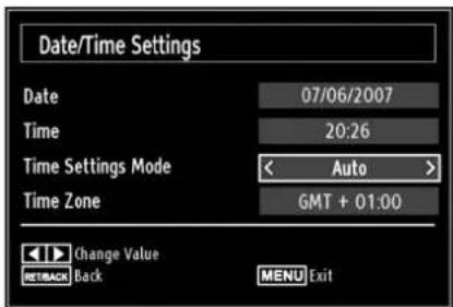 Date/Time Settings Date 07/06/2007 Time 20:26 Time Settings Mode < Auto > Time Zone GMT + 01:00 Change Value REBACK Back MENU Exit