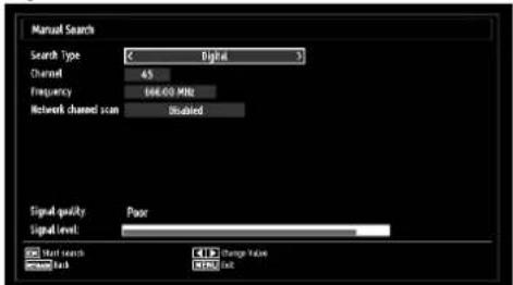 Manual Search Search Type < Digital 3 Channel 45 Frequency 166.00 MHz Network channel scan Studied Signal quality Poor Signal level Start search Change Value Start back Change Unit