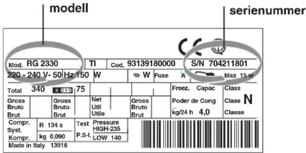 modell serienummer Mod. RG 2330 TI Cod. 93139180000 S/N 704211801 220 - 240 V- 50 Hz 150 W W W Fuse A Max 15 W Total 340 75 Gross Bruto Brut Gross Bruto Brut Net Util Utile Gross Bruto Brut Freez. Capac Poder de Cong kg/24 h 4,0 Class N Clase Compr. Syst. Kompr. R 134 a kg 0,090 Test Pressure HIGH-235 LOW 140 Made in Italy 13918