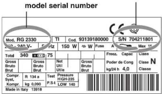 model serial number Mod. RG 2330 TI Cod. 93139180000 S/N 704211801 50 - 240 V- Friz 150 W 40 W Fuse A Max 15 Total 340 75 Gross Bruto Brut Gross Bruto Brut Net Util Utile Gross Bruto Brut Freez. Capac Poder de Cong kg/24 h 4,0 Classe N Classe N Classe Compr. R 134 a Test Pressure HIGH-235 P.S-I LOW 140 Syst. kg 0,090 Kompr. Made in Italy 13918