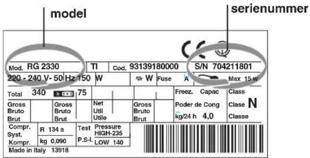 model Mod. RG 2330 220 - 240 V-50 Hz 150 W S/N 704211801 Total 340 75 Gross Bruto Brut Gross Bruto Brut Compr. R 134 a Test Pressure HIGH-235 P.S.I. LOW 140 Kompr. kg 0,090 Made in Italy 13918 Max 15 w Freez. Capac Class Poder de Cong Clase N kg/24 h 4,0 Classe